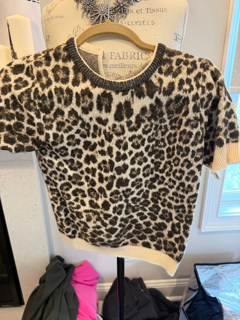 Zara Leopard Print Short-Sleeve Crew Sweater - Cream & Brown